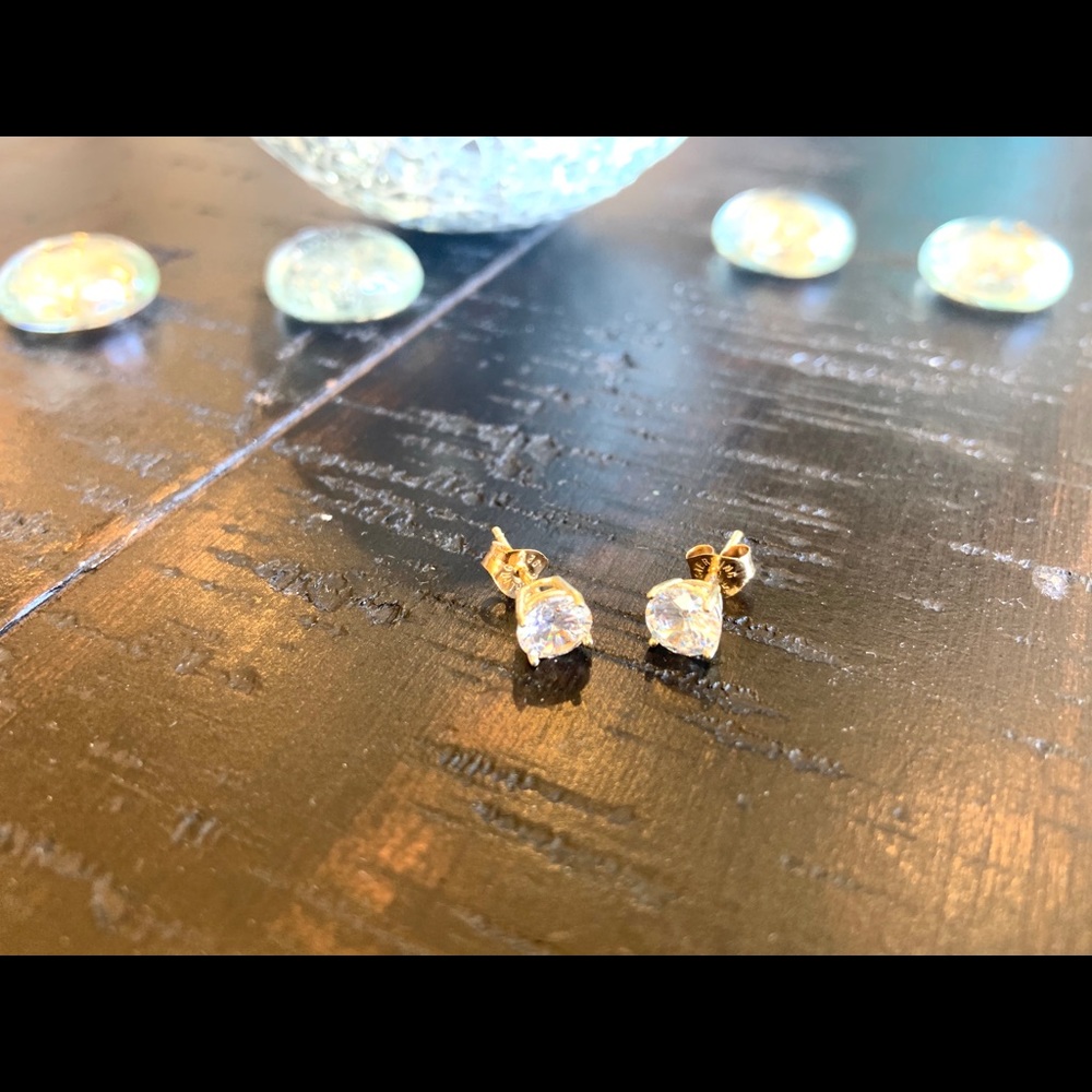 Gold CZ Stud Earrings- Sterling Silver - Picture 5 of 8
